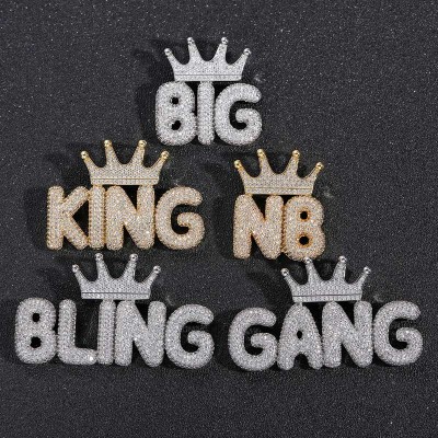 Custom Crown Bubble Letter Pendant in Gold