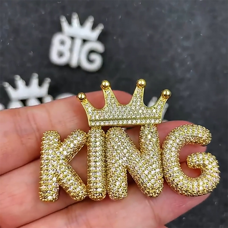Custom Crown Bubble Letter Pendant in Gold