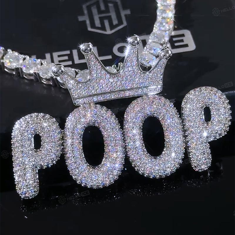  Custom Crown Bubble Letter Pendant in White Gold