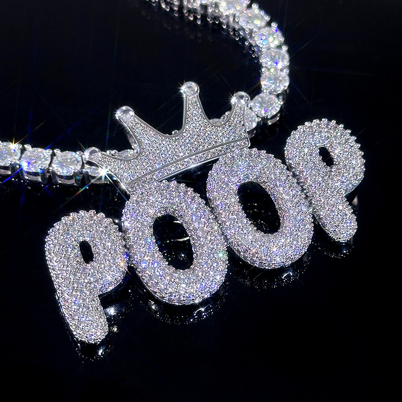  Custom Crown Bubble Letter Pendant in White Gold