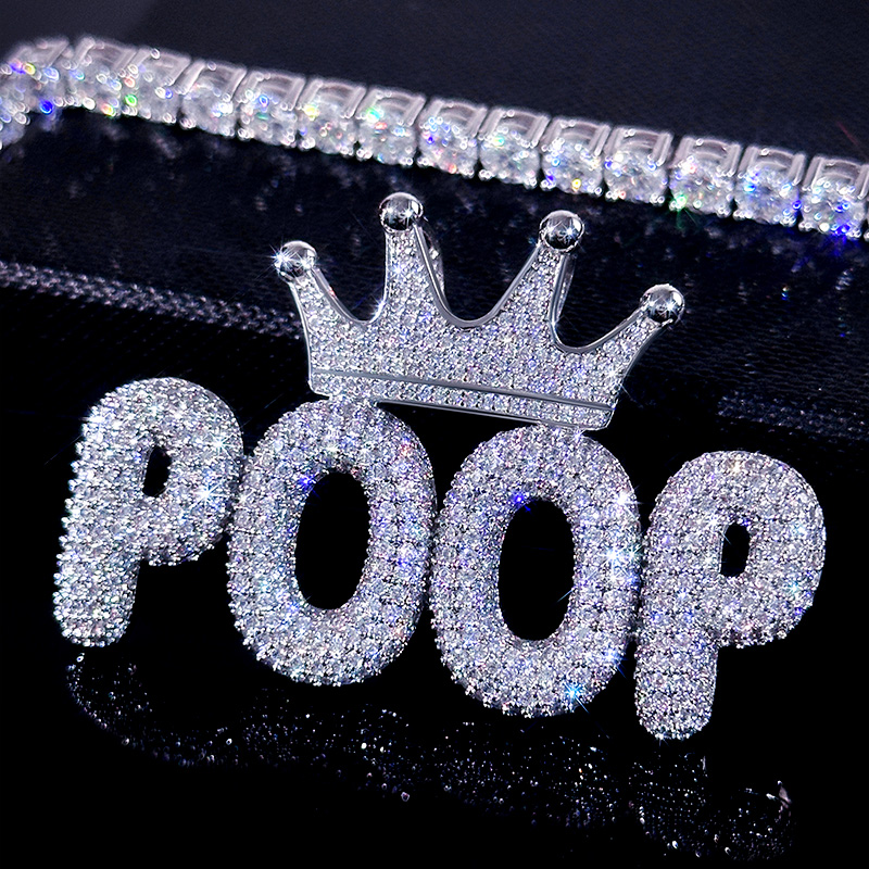  Custom Crown Bubble Letter Pendant in White Gold