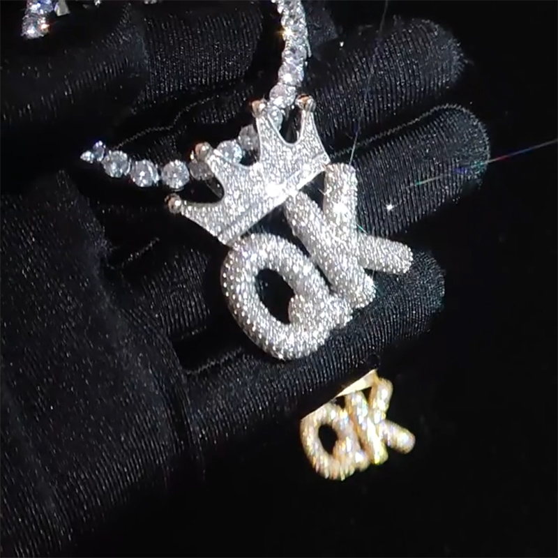  Custom Crown Bubble Letter Pendant in White Gold