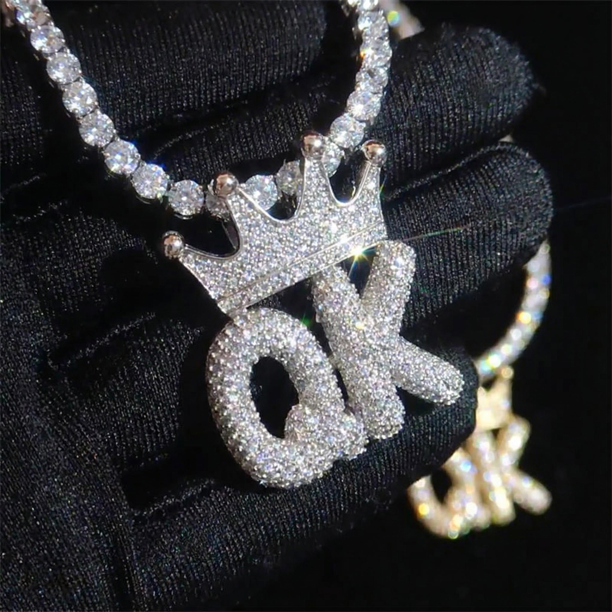  Custom Crown Bubble Letter Pendant in White Gold