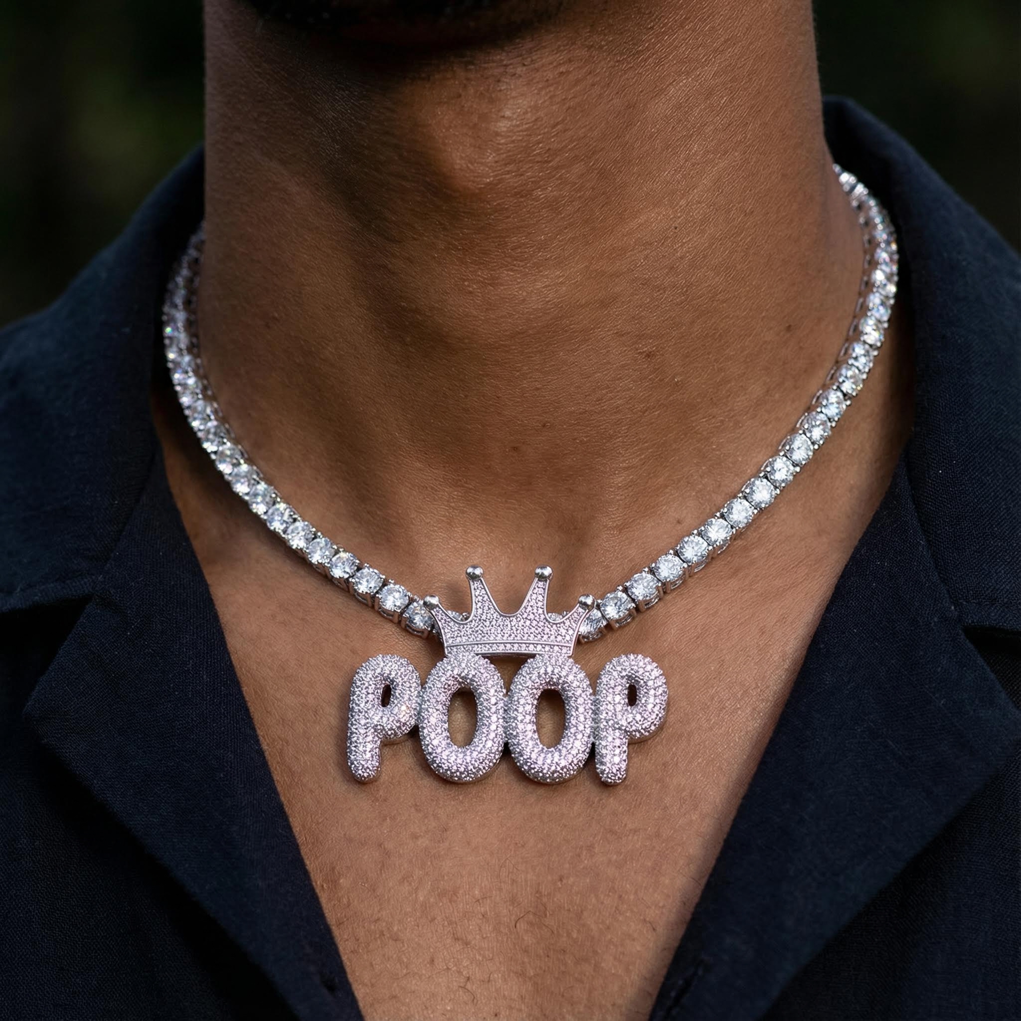  Custom Crown Bubble Letter Pendant in White Gold