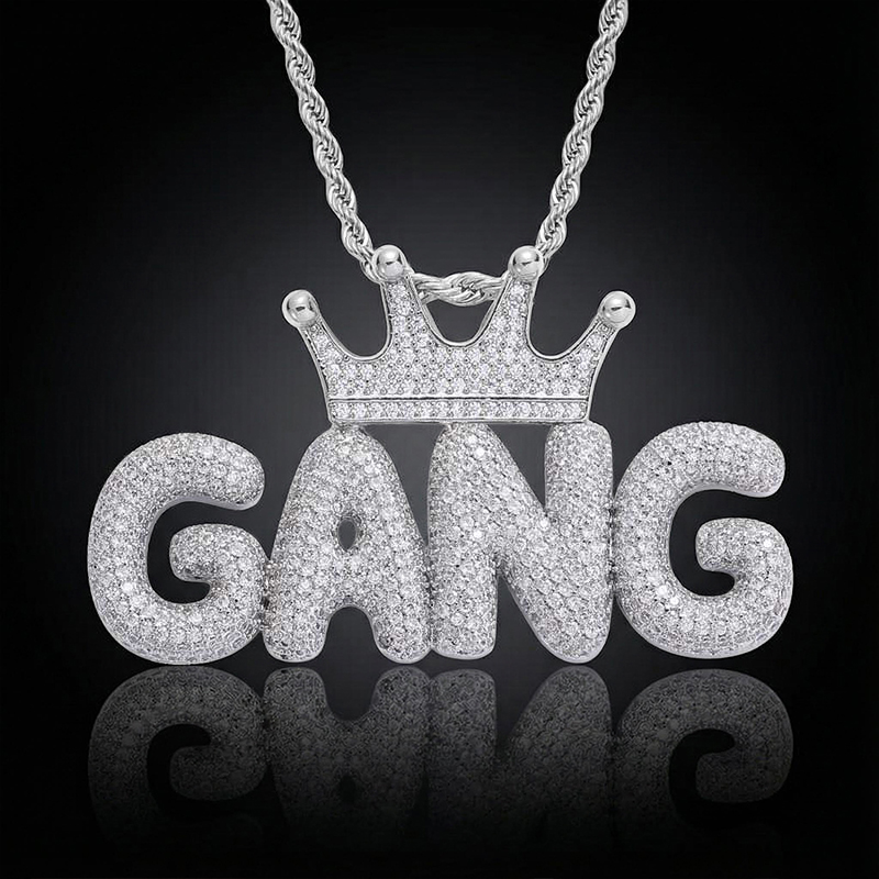  Custom Crown Bubble Letter Pendant in White Gold