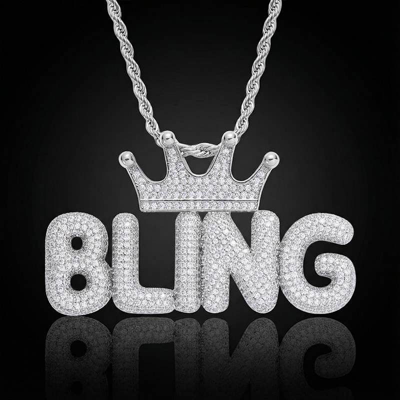  Custom Crown Bubble Letter Pendant in White Gold