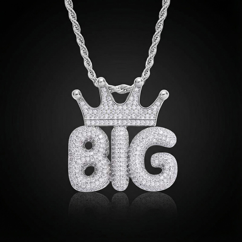  Custom Crown Bubble Letter Pendant in White Gold