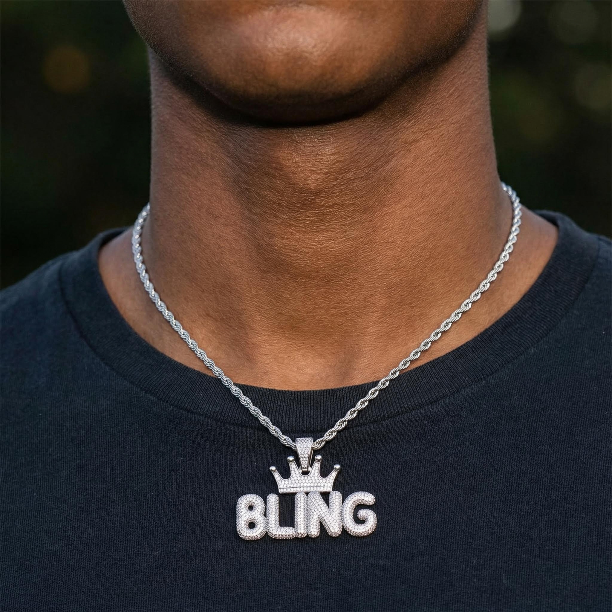  Custom Crown Bubble Letter Pendant in White Gold