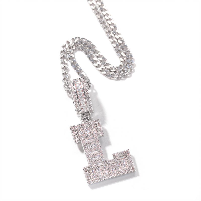 Baguette A to Z Initials Letters Pendants in White Gold