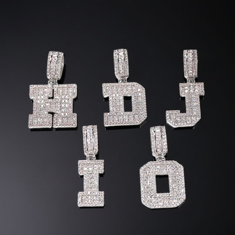 Baguette A to Z Initials Letters Pendants in White Gold