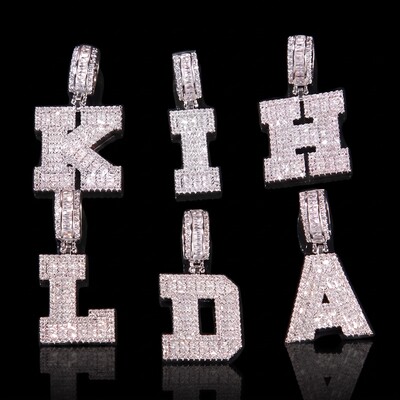 Baguette A to Z Initials Letters Pendants in White Gold