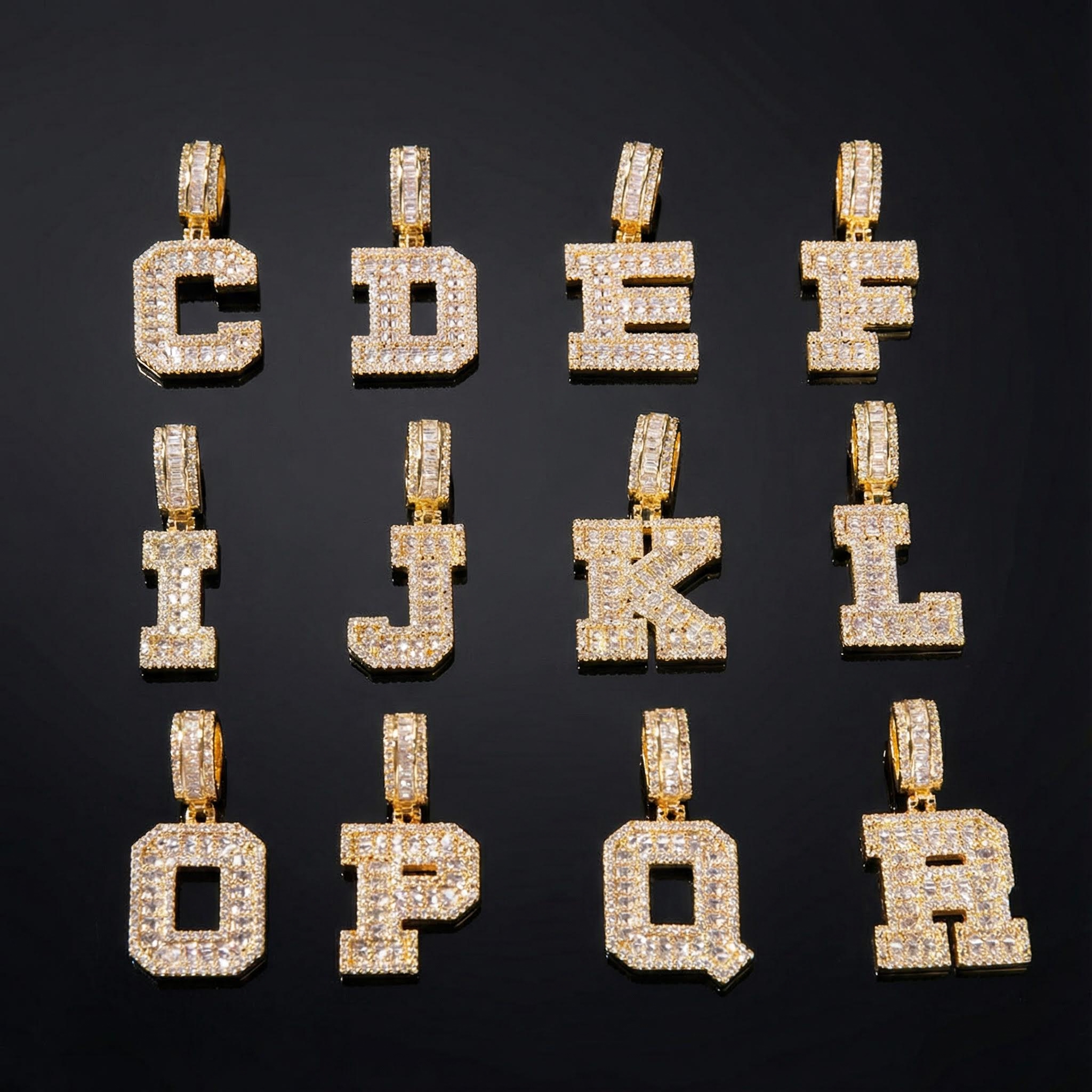 Baguette A to Z Initials Letters Pendants in Gold Baguette A to Z Initials Letters Pendants in Gold