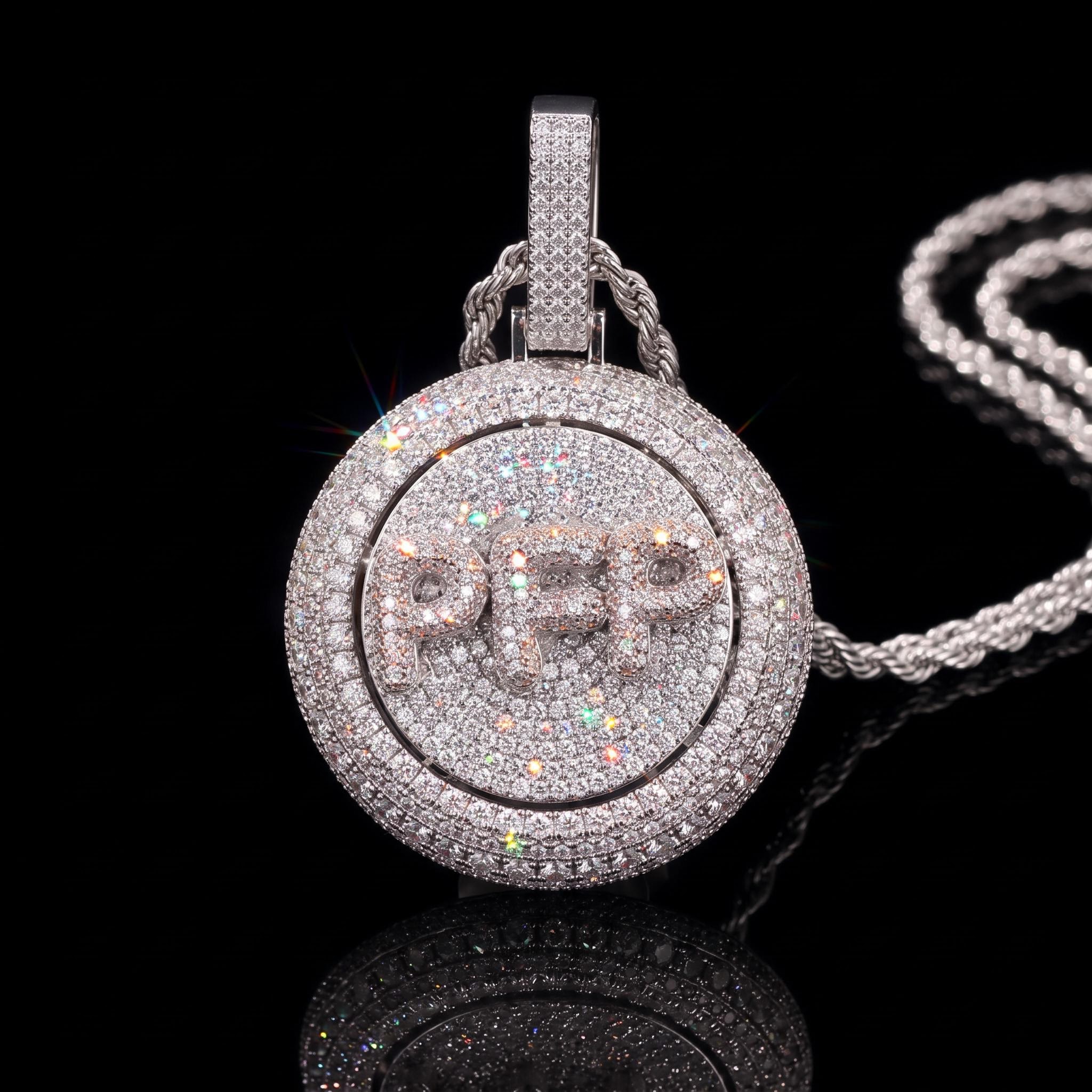 Custom Iced Rotating Letter Pendant in White Gold