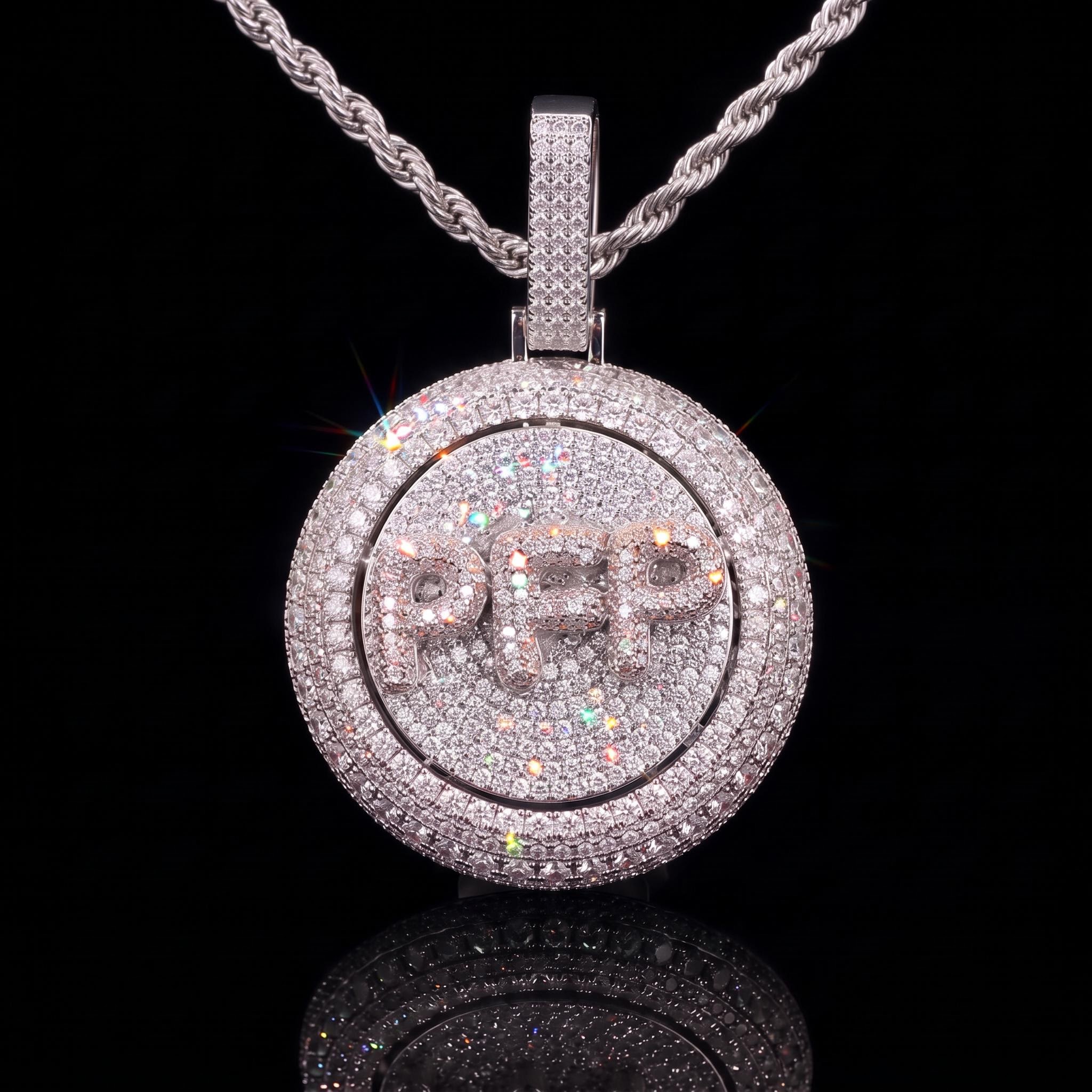 Custom Iced Rotating Letter Pendant in White Gold