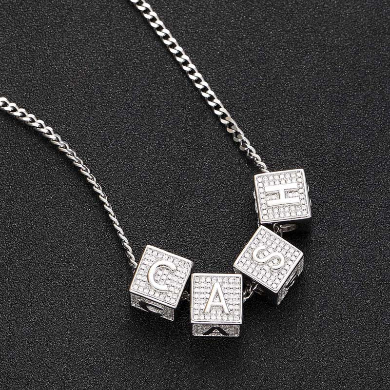 Custom 26 Dice Cube Letters Necklace in White Gold
