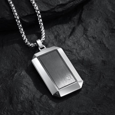 Stainless Steel Beveled Dog Tag Pendant with Diamond Accent