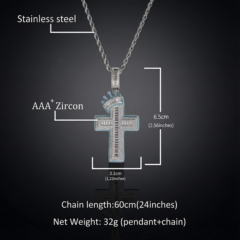 Glow in the Dark Baguette Crown Cross Pendant