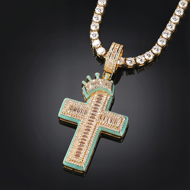 Glow in the Dark Baguette Crown Cross Pendant
