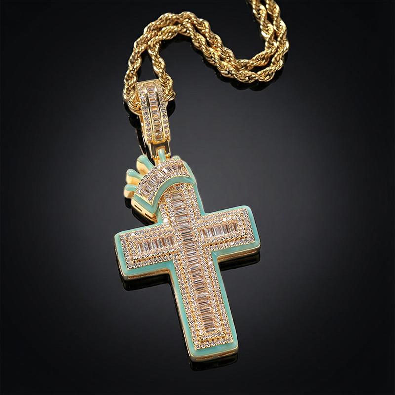 Glow in the Dark Baguette Crown Cross Pendant