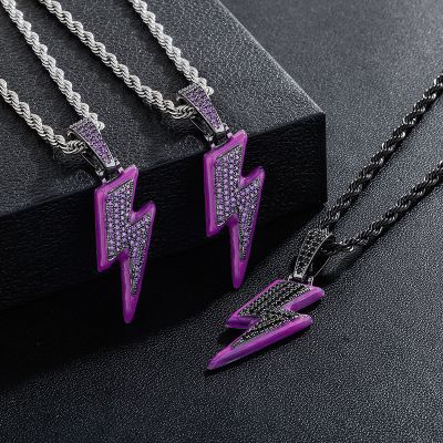 Iced Enamel Purple Lightning Pendant in Black Gold