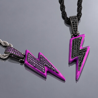 Iced Enamel Purple Lightning Pendant in Black Gold