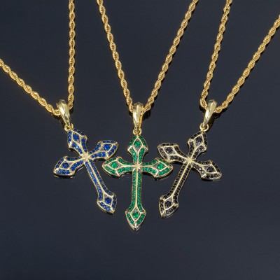 Iced Emerald/Purple/Blue/Black Cross Pendant in Gold