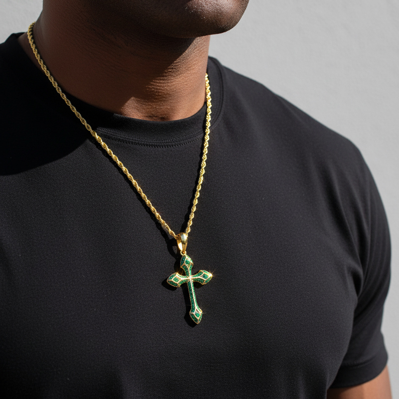 Iced Emerald/Purple/Blue/Black Cross Pendant in Gold