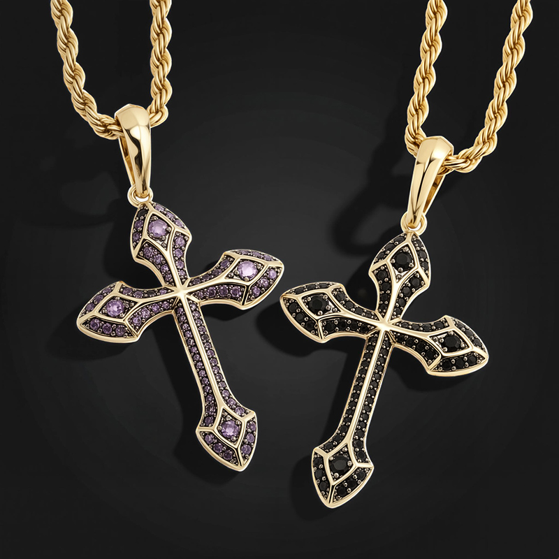 Iced Emerald/Purple/Blue/Black Cross Pendant in Gold