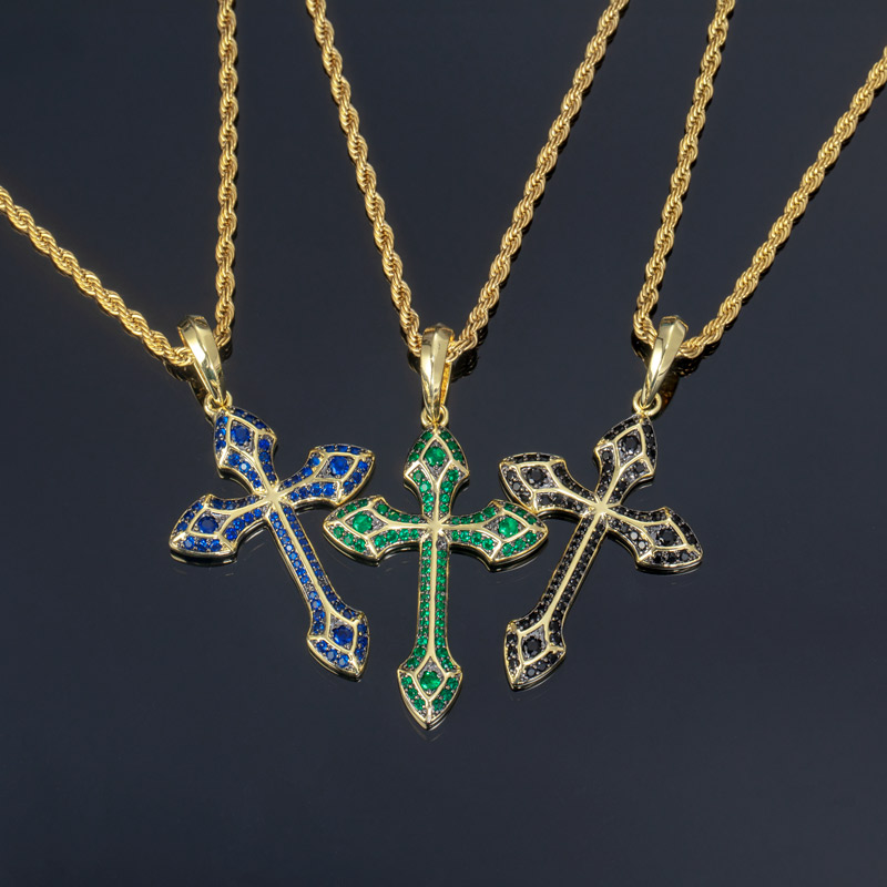 Iced Emerald/Purple/Blue/Black Cross Pendant in Gold