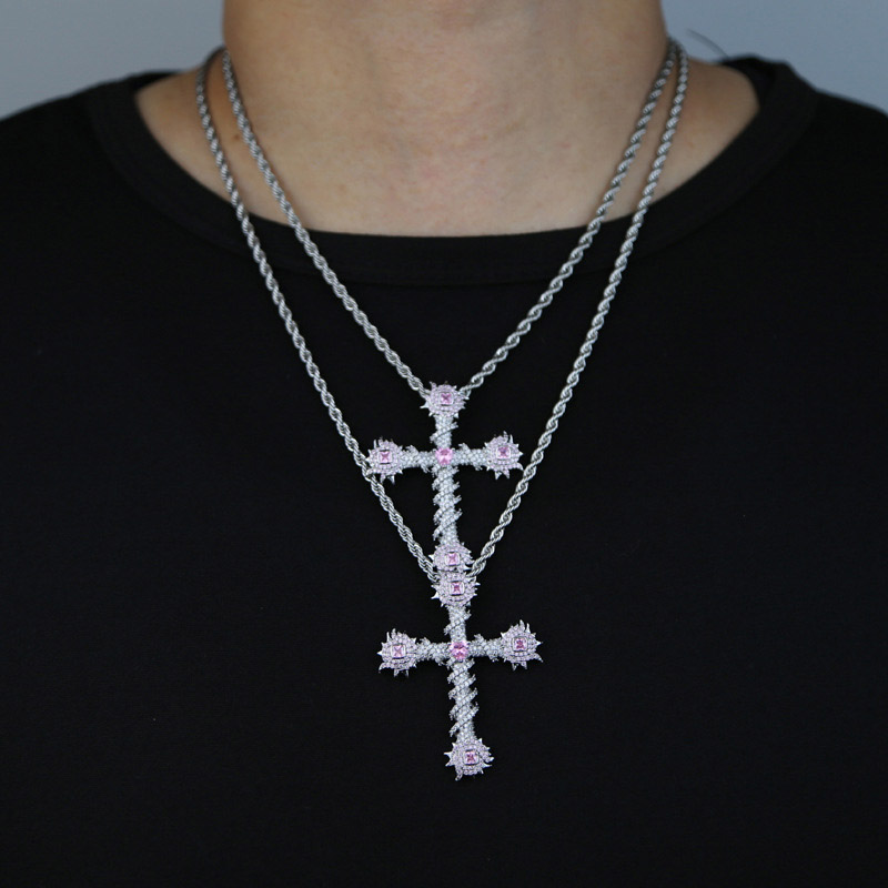 Iced Pink Heart Cross of Thorns Pendant