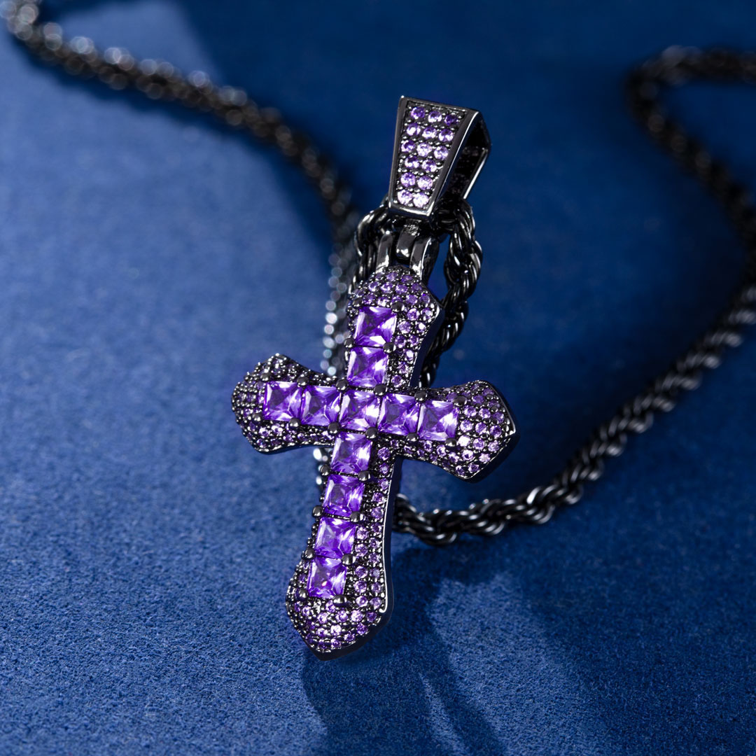 Iced Purple Princess Cut Cross Pendant in Black Gold