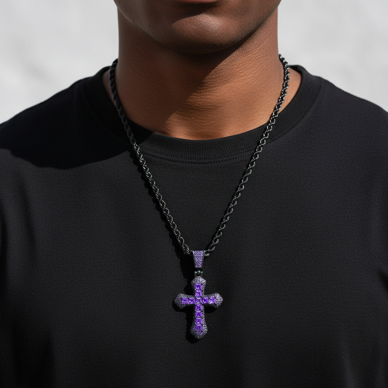 Iced Purple Princess Cut Cross Pendant in Black Gold Iced Purple Princess Cut Cross Pendant in Black Gold