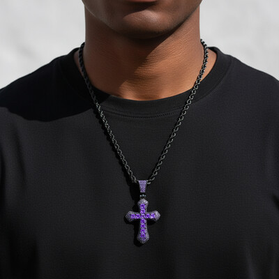 Iced Purple Princess Cut Cross Pendant in Black Gold