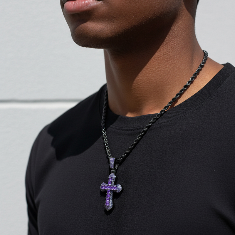 Iced Purple Princess Cut Cross Pendant in Black Gold Iced Purple Princess Cut Cross Pendant in Black Gold