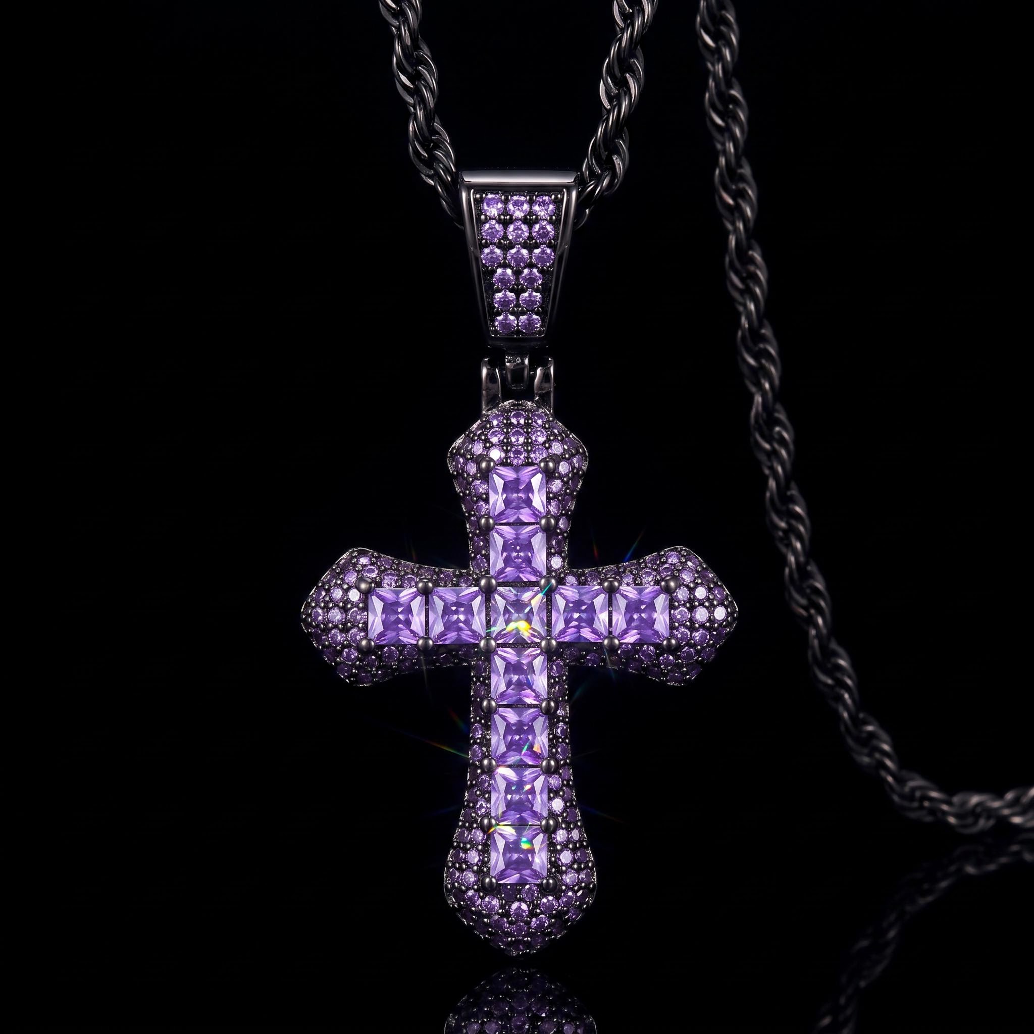 Iced Purple Princess Cut Cross Pendant in Black Gold Iced Purple Princess Cut Cross Pendant in Black Gold