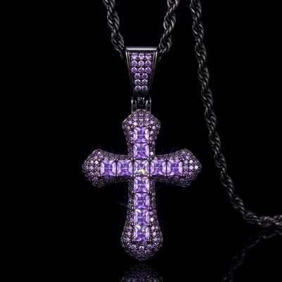 Iced Purple Princess Cut Cross Pendant in Black Gold