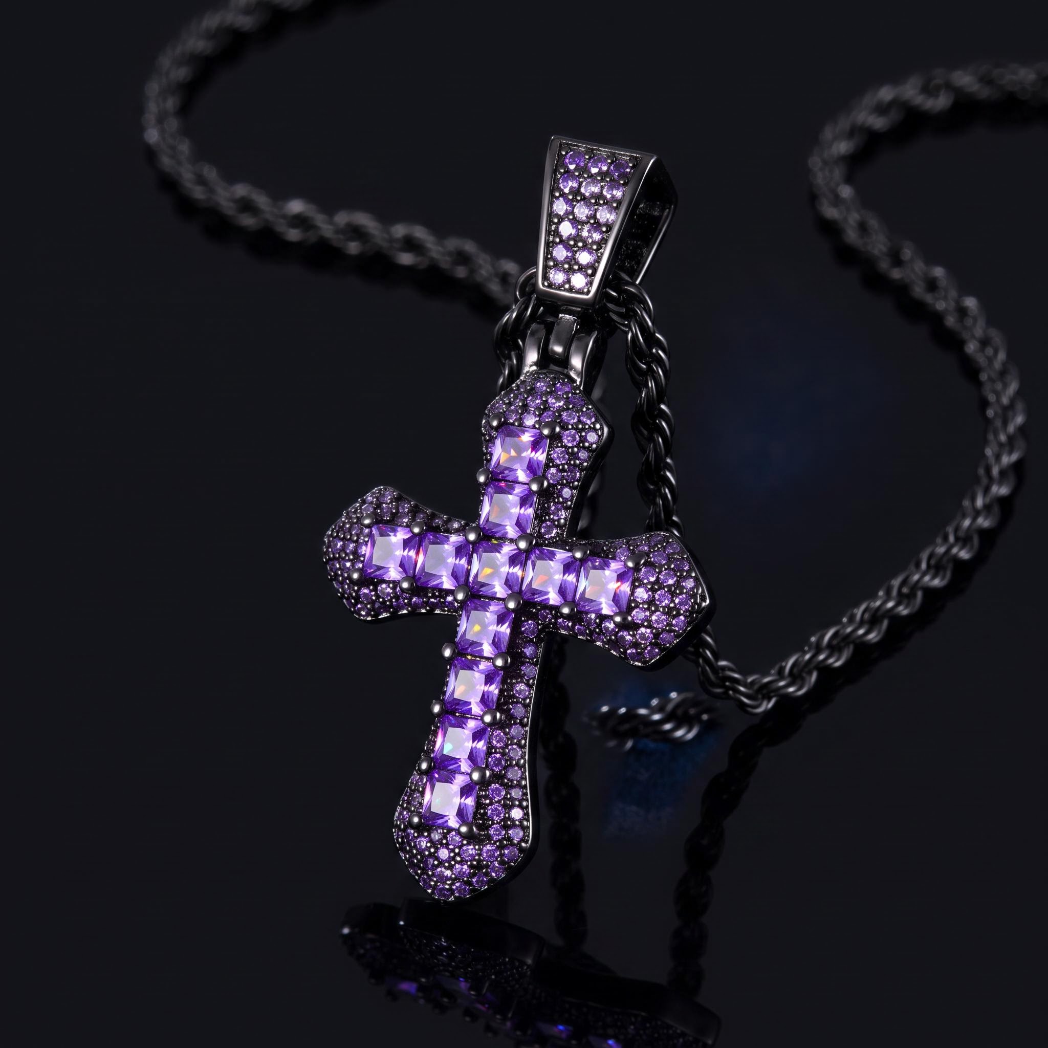 Iced Purple Princess Cut Cross Pendant in Black Gold Iced Purple Princess Cut Cross Pendant in Black Gold