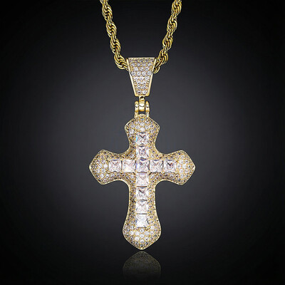 Princess Cut Iced Cross Pendant in Gold