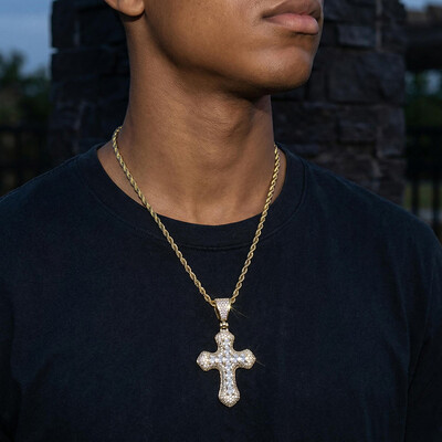 Princess Cut Iced Cross Pendant in Gold