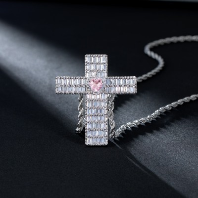 Iced Baguette Cut Cross Pink Heart Pendant