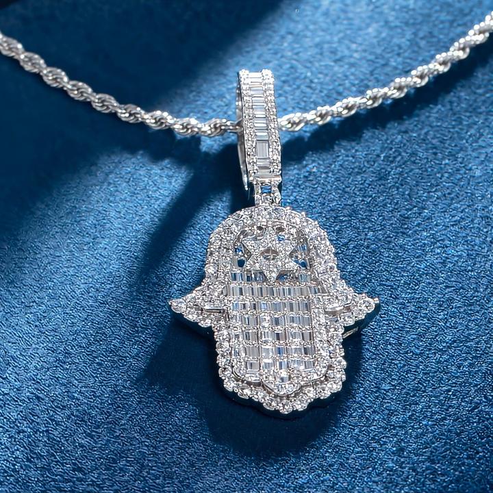 Iced Baguette Cut Hamsa Pendant