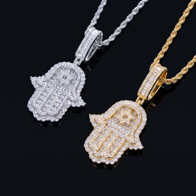 Iced Baguette Cut Hamsa Pendant