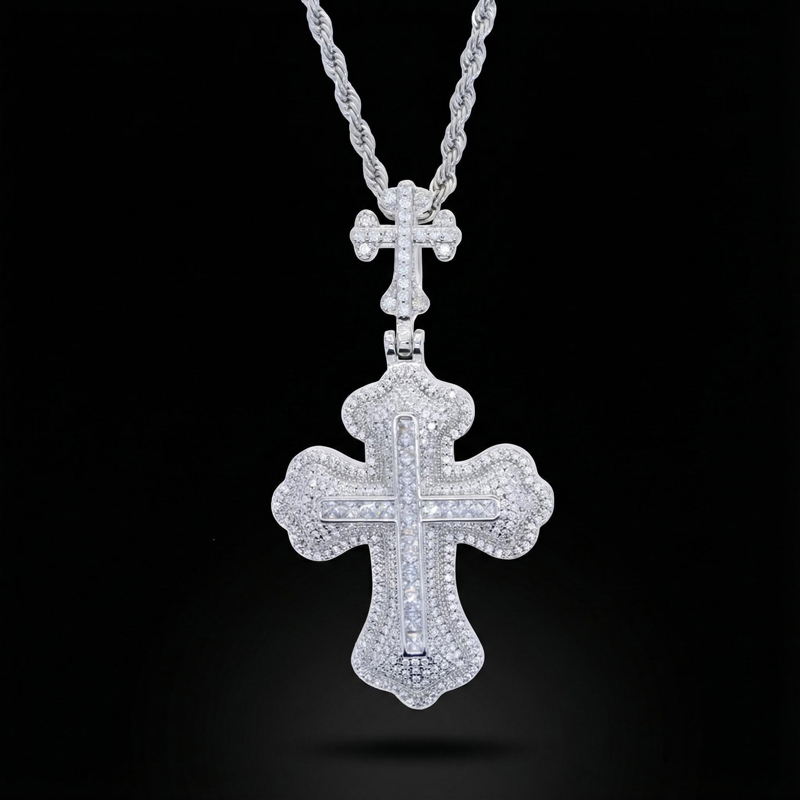 Iced Princess Cut Double Cross Pendant