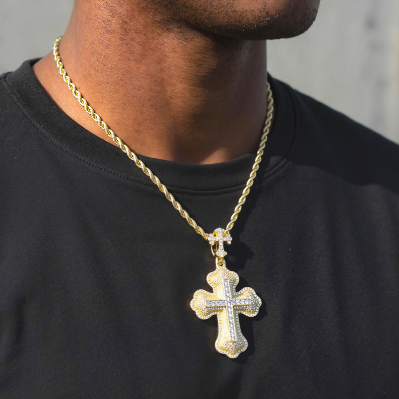 Iced Princess Cut Double Cross Pendant