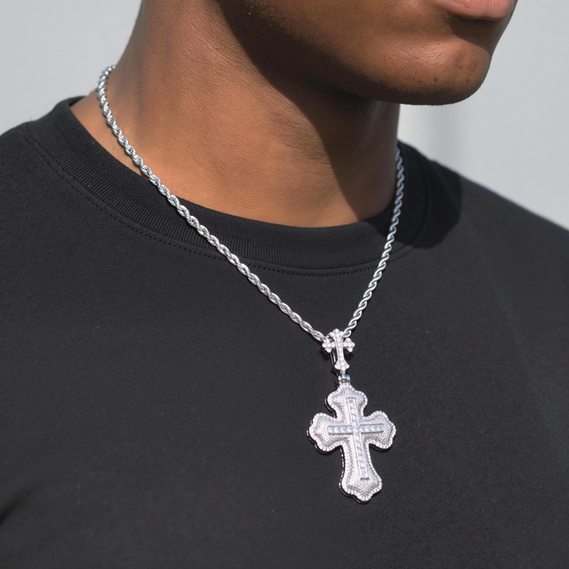 Iced Princess Cut Double Cross Pendant