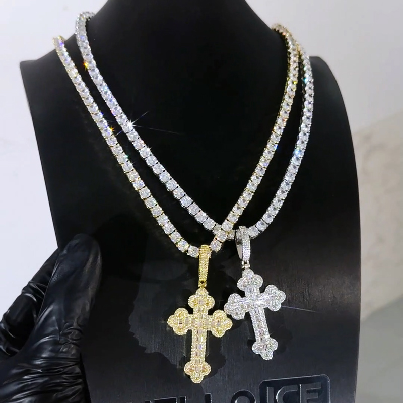 Iced Baguette Cut Stone Cross Pendant