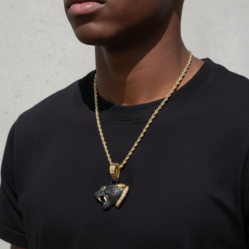 Iced Black Panther Head Pendant in Black Gold Iced Black Panther Head Pendant in Black Gold