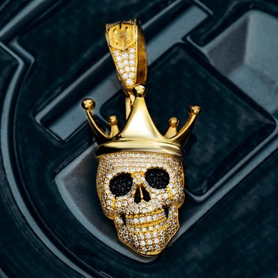 Iced Skull with King Crown Pendant in Gold
