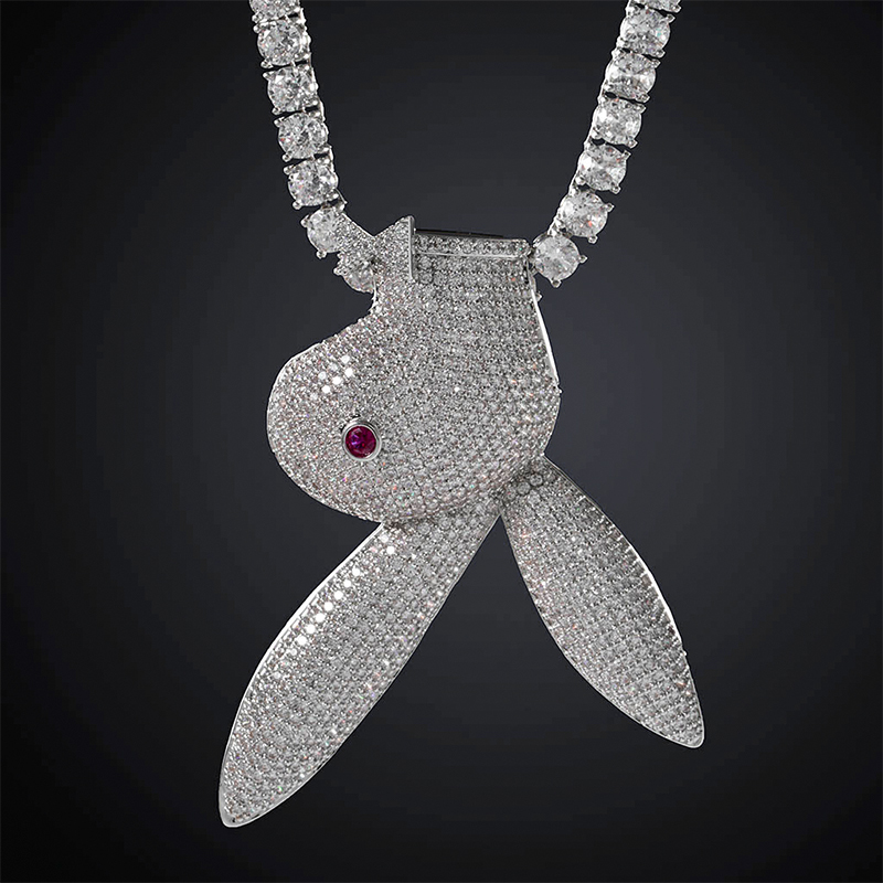 Iced Upside Down Bunny Head Pendant in White Gold