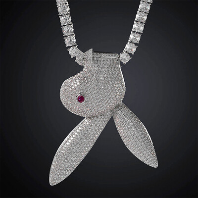 Iced Upside Down Bunny Head Pendant in White Gold